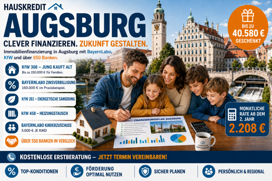 Hauskredit Augsburg. Immobilienfinanzierung mit BayernLabo Zinsverbilligungsprogramm und KfW 308 in der Fuggerstadt