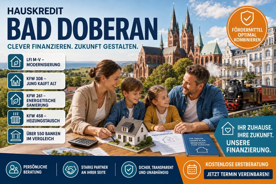 Hauskredit Bad Doberan. Immobilienfinanzierung mit KfW 308, LFI-Modernisierungsdarlehen und über 550 Finanzierungspartner im Vergleich