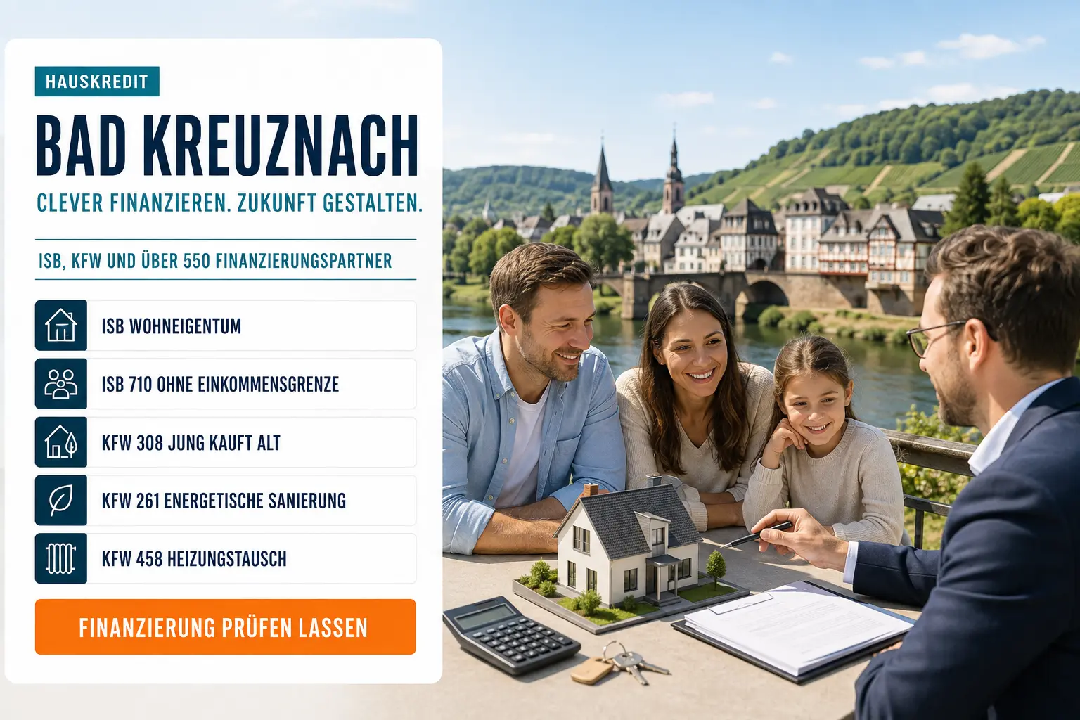 Hauskredit Bad Kreuznach. Immobilienfinanzierung Bad Kreuznach mit ISB-Darlehen Wohneigentum, KfW 308, KfW 261 und KfW 458