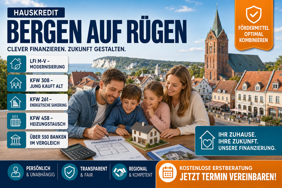 Hauskredit Bergen auf Rügen. Immobilienfinanzierung mit KfW 308, LFI-Modernisierungsdarlehen und über 550 Finanzierungspartner im Vergleich