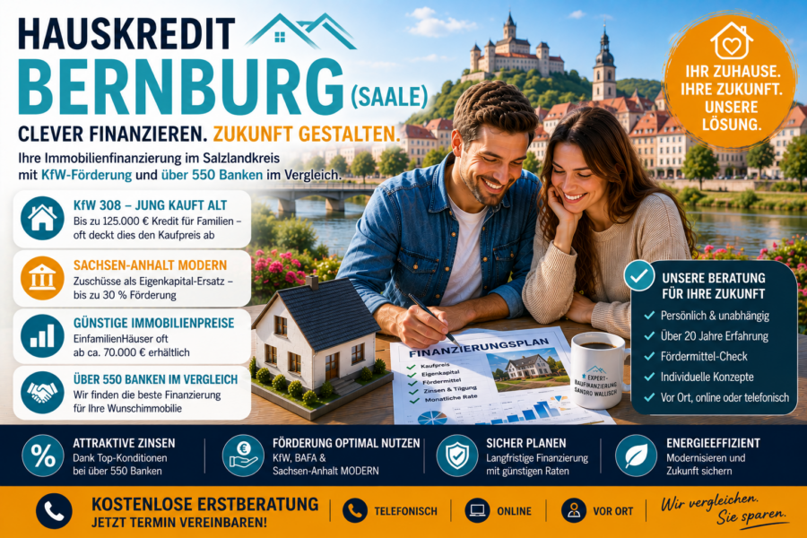 Hauskredit Bernburg (Saale): Immobilienfinanzierung mit KfW 308 und Sachsen-Anhalt MODERN für Einfamilienhäuser im Salzlandkreis