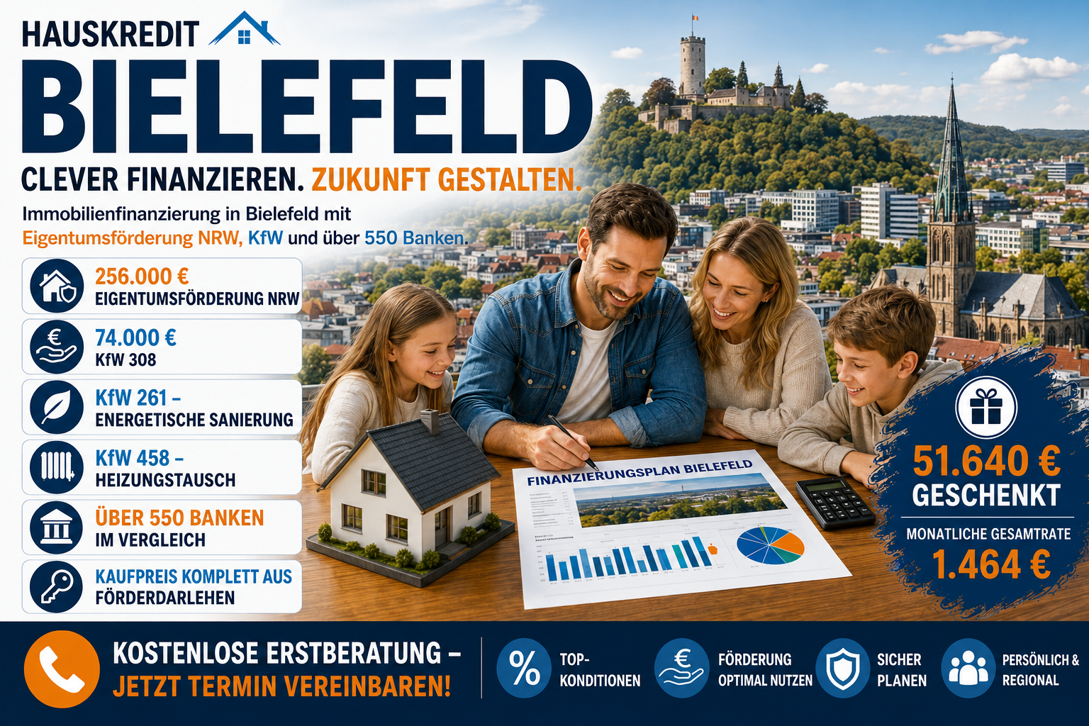 Hauskredit Bielefeld. Immobilienfinanzierung mit KfW 308 und Eigentumsförderung NRW für Häuser in der Leineweberstadt