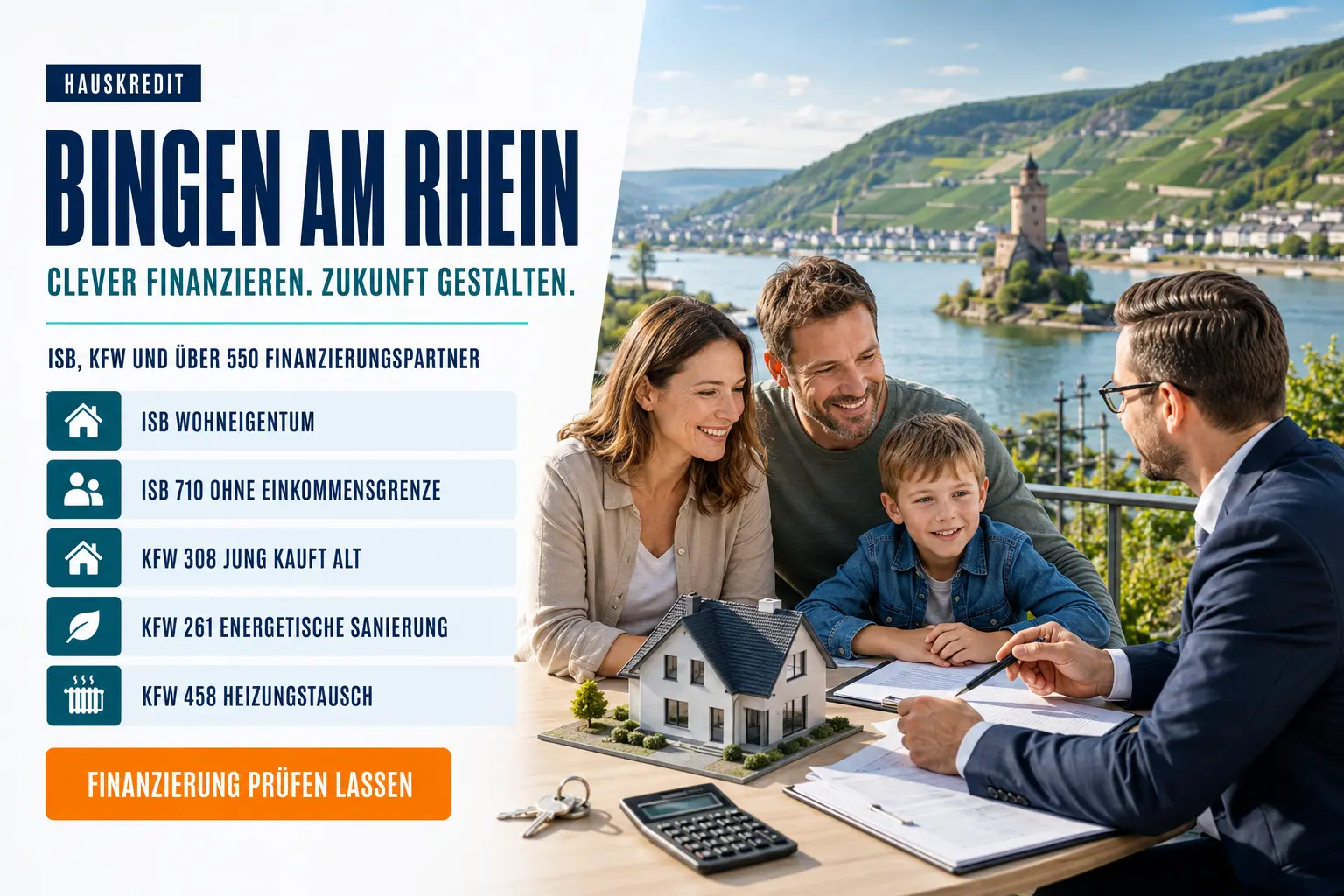Hauskredit Bingen am Rhein. Immobilienfinanzierung Bingen am Rhein mit dem ISB-Darlehen Wohneigentum, KfW 308 und über 550 Finanzierungspartnern