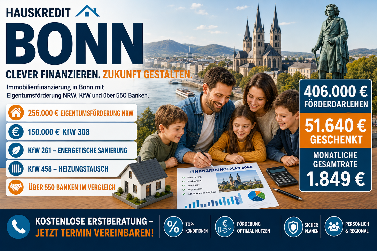 Hauskredit Bonn. Immobilienfinanzierung mit KfW 308 und Eigentumsförderung NRW für Häuser in der Bundesstadt