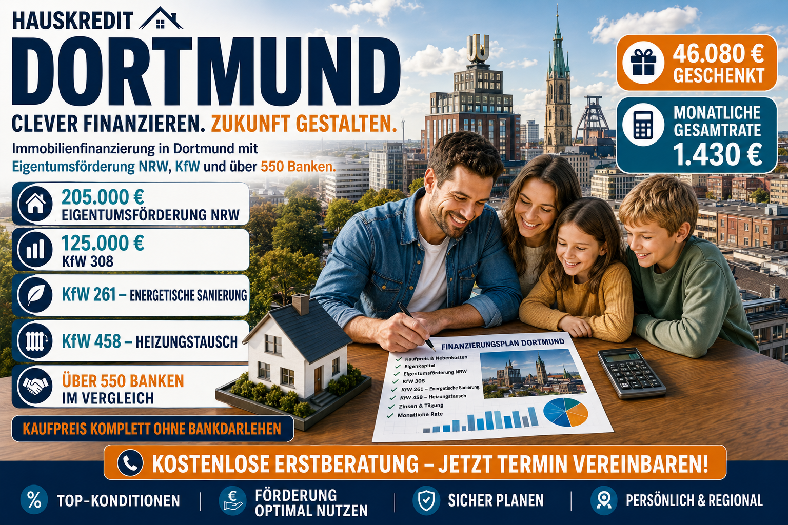 Hauskredit Dortmund. Immobilienfinanzierung mit KfW 308 und Eigentumsförderung NRW für Häuser in der Westfalenmetropole