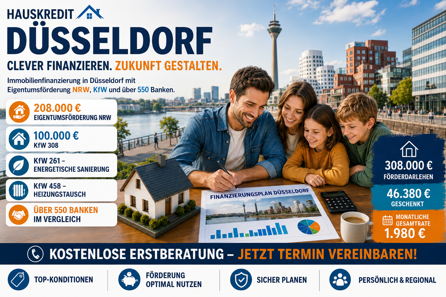 Hauskredit Düsseldorf. Immobilienfinanzierung mit KfW 308 und Eigentumsförderung NRW für Häuser in der Landeshauptstadt