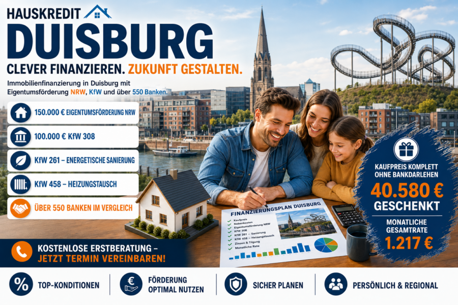 Hauskredit Duisburg. Immobilienfinanzierung mit KfW 308 und Öffentlicher Eigentumsförderung NRW für Häuser in der Hafenstadt