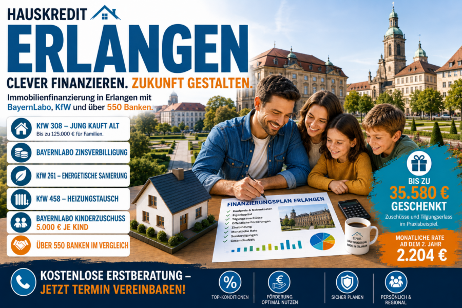 Hauskredit Erlangen. Immobilienfinanzierung mit KfW 308 und BayernLabo-Darlehen für Häuser in der Siemens-Stadt