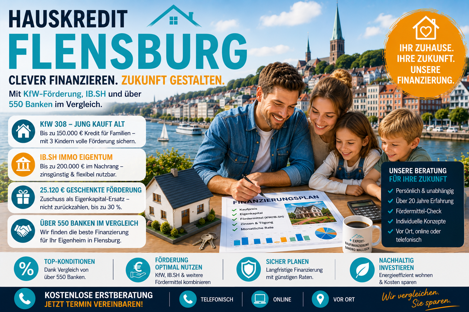 Hauskredit Flensburg: Immobilienfinanzierung mit KfW 308 und IB.SH Immo Eigentum für Einfamilienhäuser an der Flensburger Förde