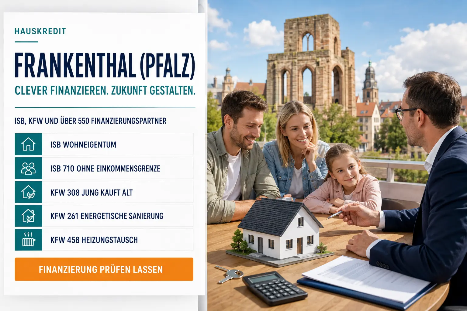 Hauskredit Frankenthal (Pfalz). Immobilienfinanzierung Frankenthal mit ISB-Darlehen, KfW 308 und über 550 Finanzierungspartnern