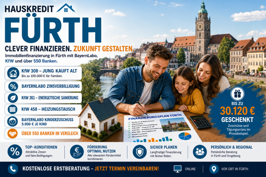 Hauskredit Fürth. Immobilienfinanzierung mit KfW 308 und BayernLabo-Darlehen für Häuser in der Kleeblattstadt