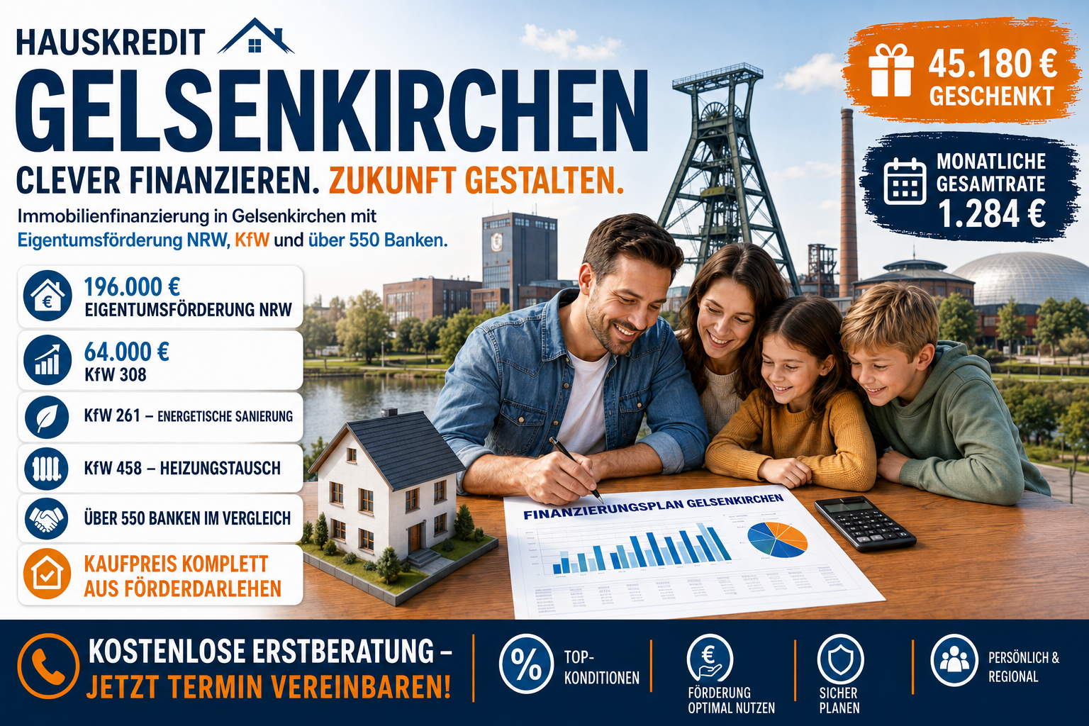 Hauskredit Gelsenkirchen. Immobilienfinanzierung mit KfW 308 und Eigentumsförderung NRW für Häuser in der günstigsten Großstadt des Ruhrgebiets