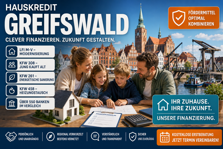 Hauskredit Greifswald. Immobilienfinanzierung mit KfW 308, LFI-Modernisierungsdarlehen und über 550 Finanzierungspartner im Vergleich
