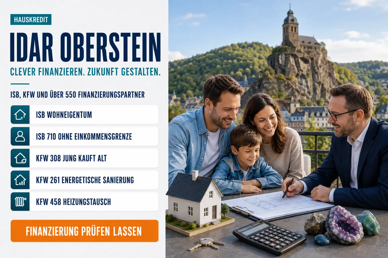 Hauskredit Idar-Oberstein. Immobilienfinanzierung Idar-Oberstein mit ISB-Darlehen Wohneigentum, KfW 308, KfW 261 und KfW 458 für Häuser in der Edelsteinstadt
