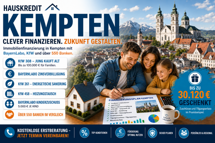Hauskredit Kempten. Immobilienfinanzierung mit KfW 308 und BayernLabo-Darlehen für Häuser in der Allgäu-Metropole