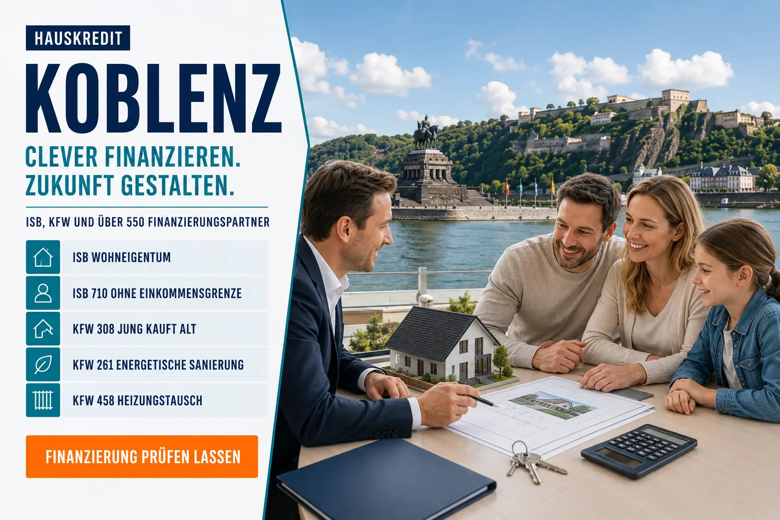 Hauskredit Koblenz. Immobilienfinanzierung mit dem ISB-Darlehen Wohneigentum und KfW-Programmen für Häuser zwischen Rhein und Mosel