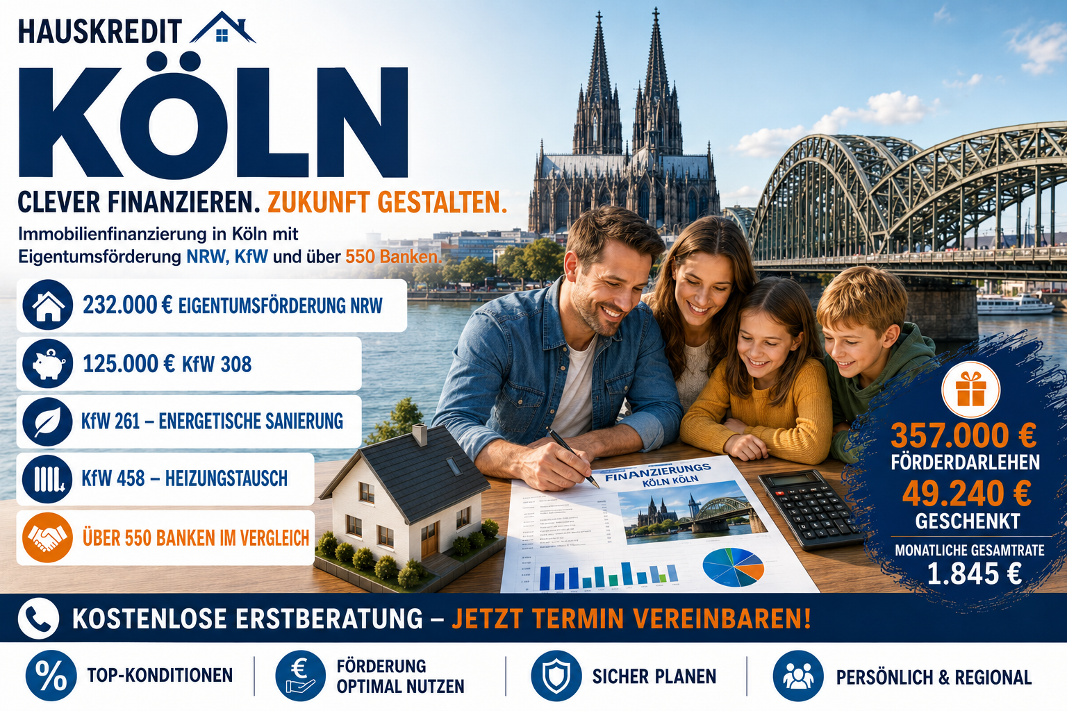 Hauskredit Köln. Immobilienfinanzierung mit KfW 308 und Eigentumsförderung NRW für Häuser in der Domstadt