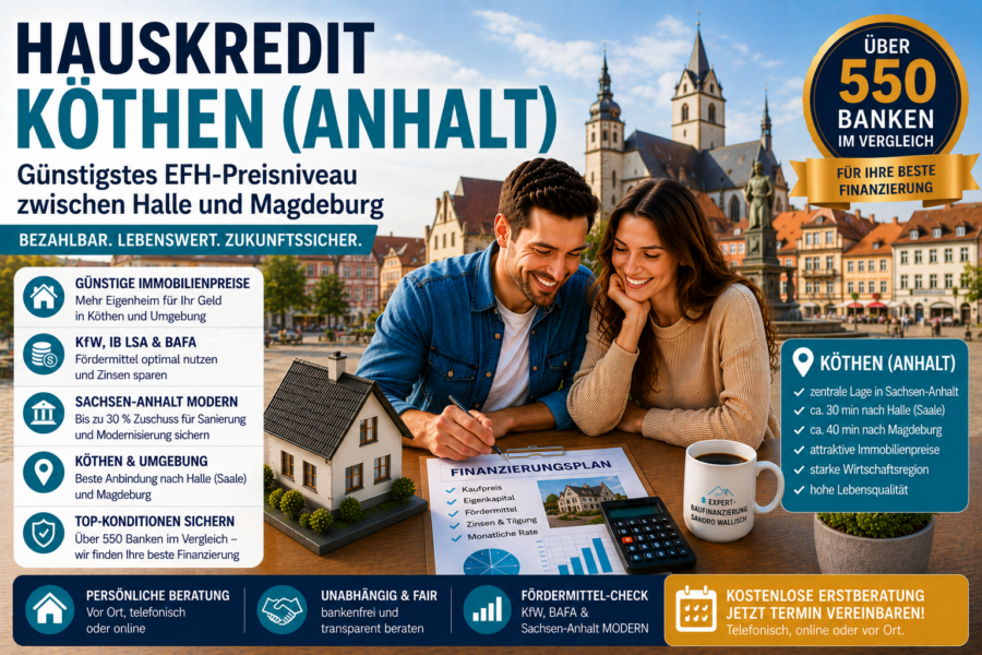 Hauskredit Köthen (Anhalt): Immobilienfinanzierung mit KfW 308 Jung kauft Alt und Sachsen-Anhalt MODERN für Einfamilienhäuser im Anhalt-Bitterfeld-Kreis