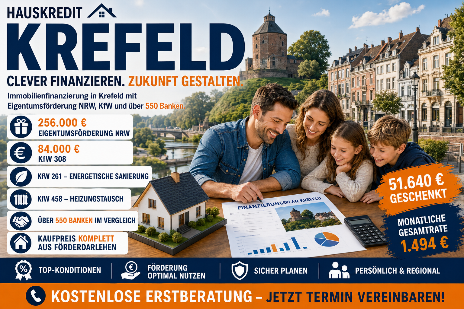Hauskredit Krefeld. Immobilienfinanzierung mit KfW 308 und Eigentumsförderung NRW für Häuser in der Samt- und Seidenstadt