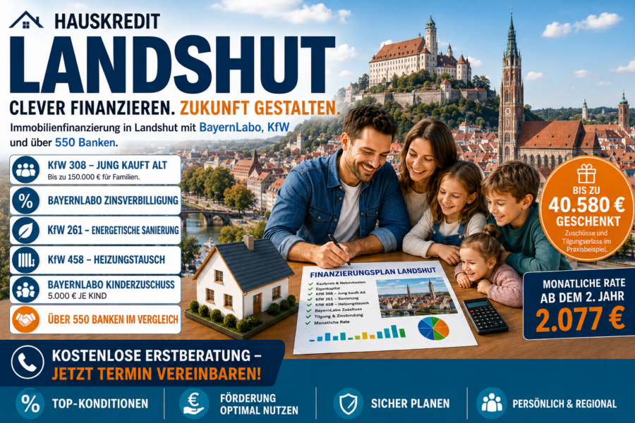 Hauskredit Landshut. Immobilienfinanzierung mit KfW 308 und BayernLabo-Darlehen für Häuser in Niederbayerns Hauptstadt
