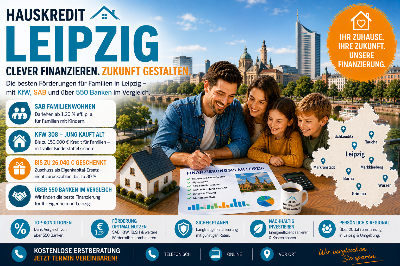 Hauskredit Leipzig, Immobilienfinanzierung mit KfW 308 und SAB Familienwohnen für Einfamilienhäuser im Leipziger Gürtel