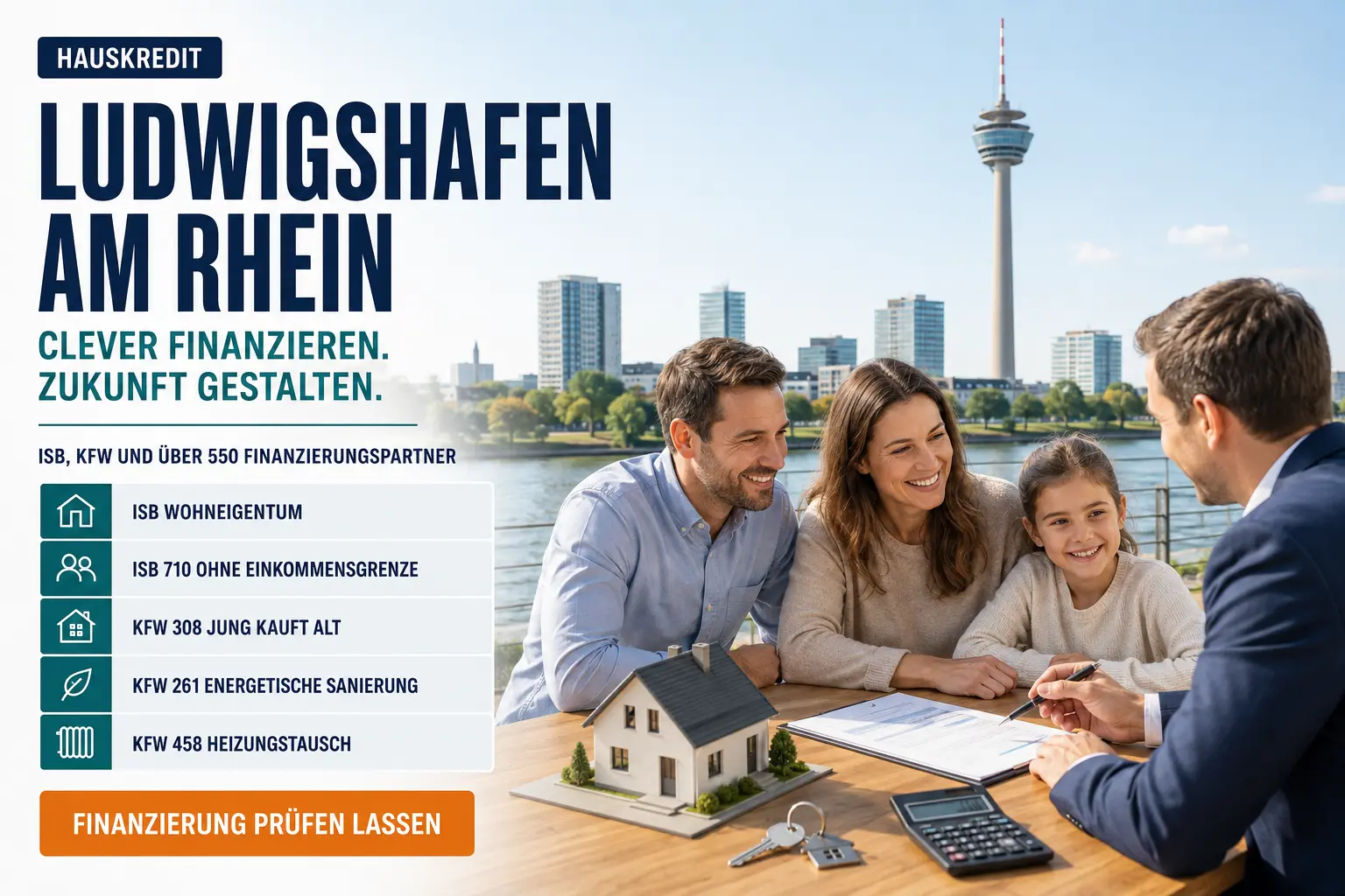 Hauskredit Ludwigshafen am Rhein und Immobilienkredit Ludwigshafen. Immobilienfinanzierung mit dem ISB-Darlehen Wohneigentum, KfW 308 und über 550 Finanzierungspartnern