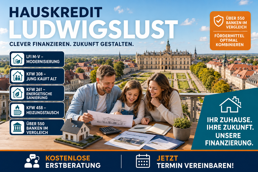 Hauskredit Ludwigslust. Immobilienfinanzierung mit KfW 308, LFI-Modernisierungsdarlehen und 550 Banken im Vergleich