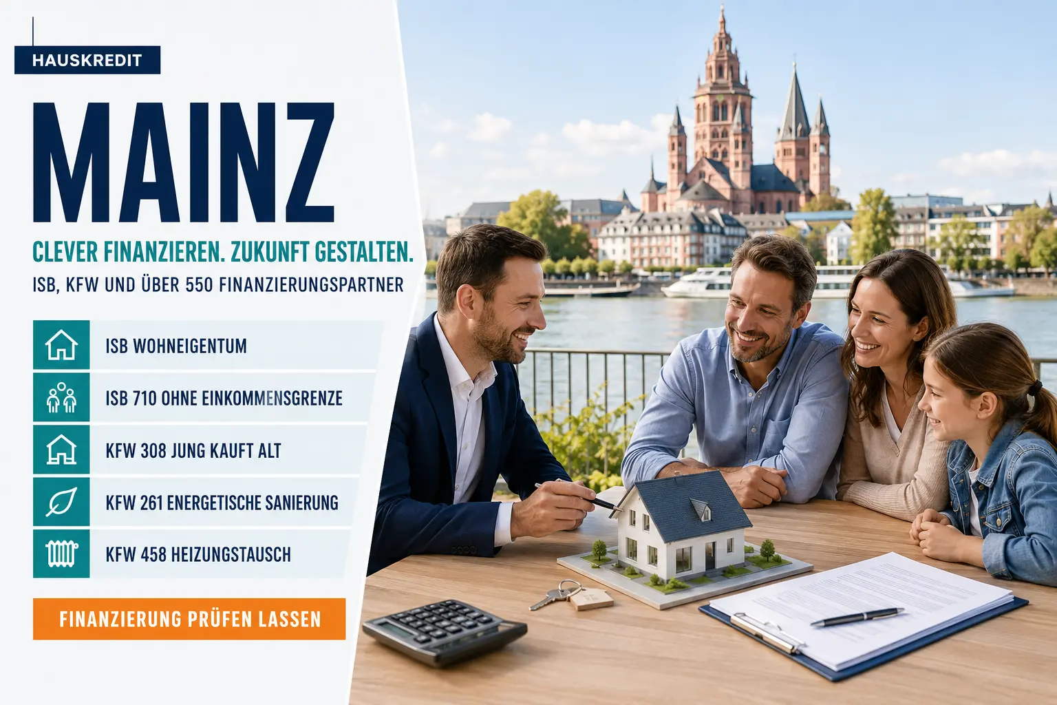 Hauskredit Mainz. Immobilienfinanzierung Mainz mit dem ISB-Darlehen Wohneigentum, KfW 308 und über 550 Finanzierungspartnern für Reihenhäuser in der Landeshauptstadt