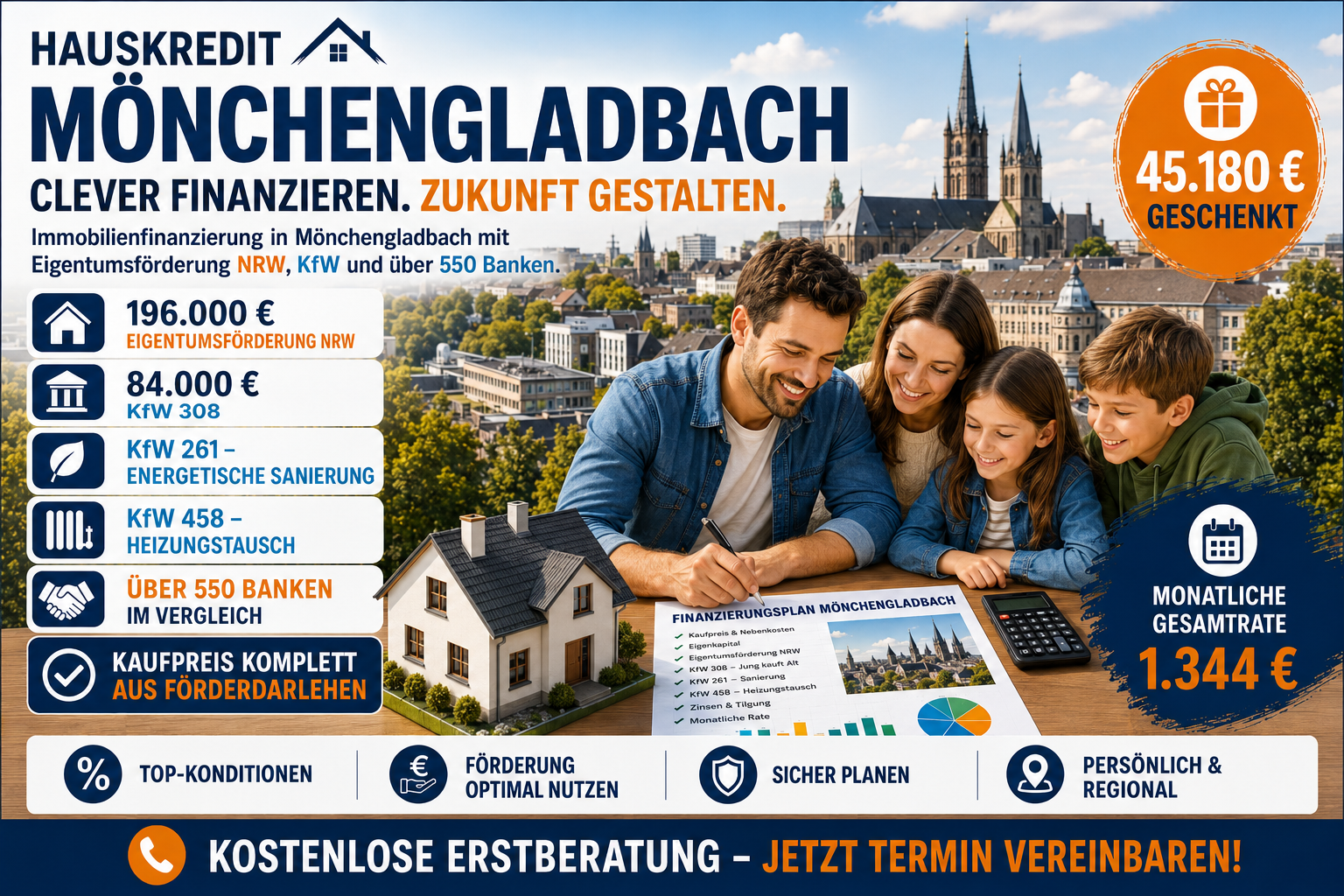 Hauskredit Mönchengladbach. Immobilienfinanzierung mit KfW 308 und Eigentumsförderung NRW für Häuser am Niederrhein