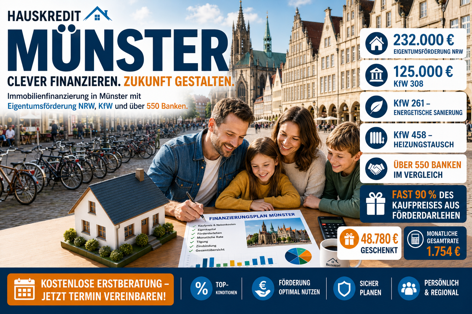 Hauskredit Münster. Immobilienfinanzierung mit KfW 308 und Eigentumsförderung NRW für Häuser in der Universitätsstadt