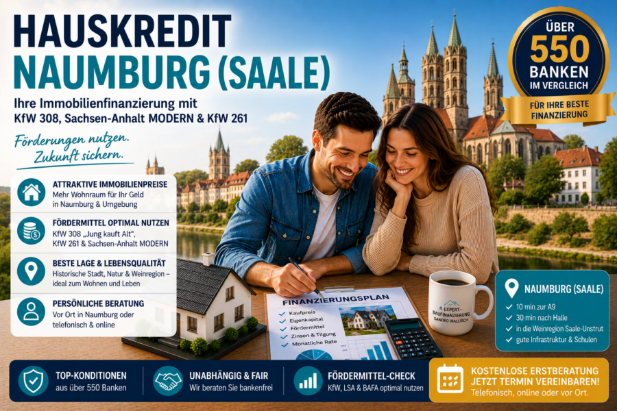 Hauskredit Naumburg (Saale): Immobilienfinanzierung mit KfW 308 und Sachsen-Anhalt MODERN für Einfamilienhäuser im Burgenlandkreis