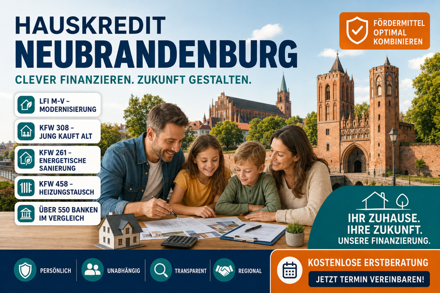 Hauskredit Neubrandenburg. Immobilienfinanzierung mit KfW 308, LFI-Modernisierungsdarlehen und 550 Banken im Vergleich