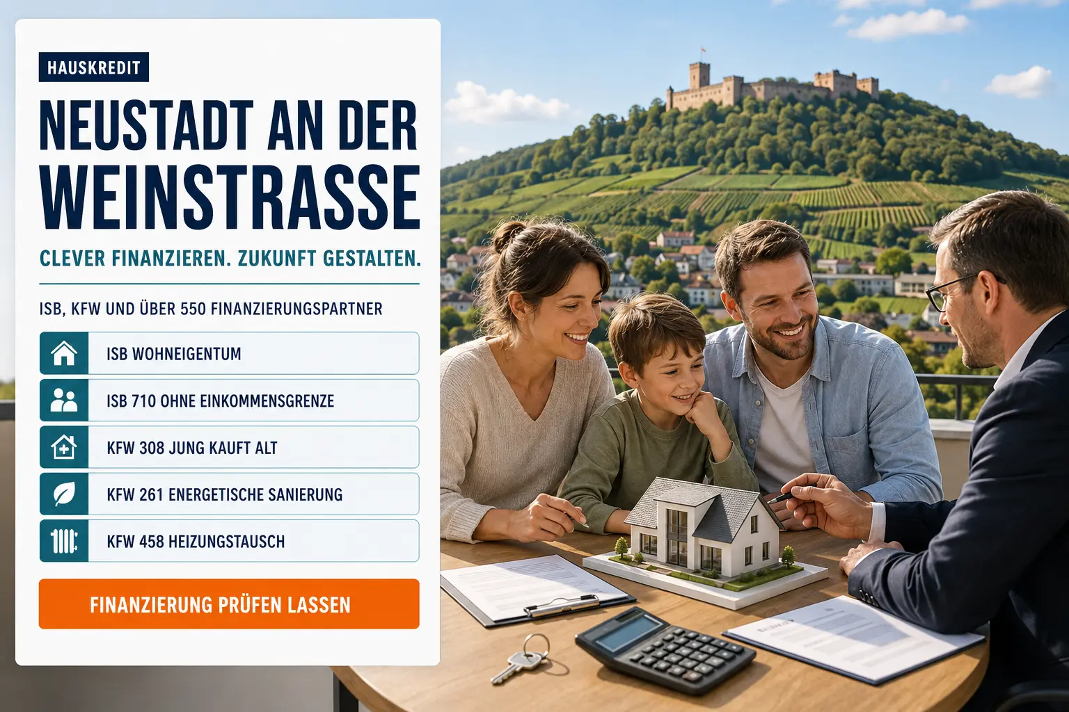 Hauskredit Neustadt an der Weinstraße. Immobilienfinanzierung Neustadt an der Weinstraße mit dem ISB-Darlehen Wohneigentum, KfW 308 und über 550 Finanzierungspartnern
