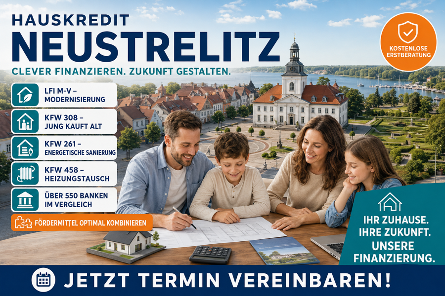 Hauskredit Neustrelitz. Immobilienfinanzierung mit KfW 308, LFI-Modernisierungsdarlehen und 550 Banken im Vergleich