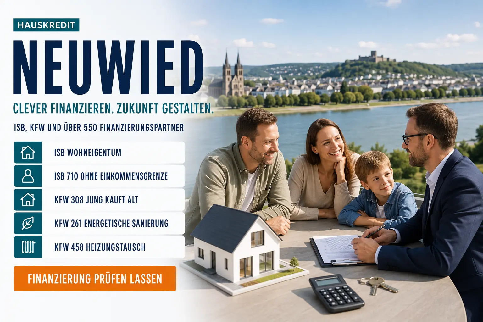 Immobilienfinanzierung Neuwied. Hauskredit mit ISB-Darlehen Wohneigentum, KfW 308, KfW 261 und KfW 458 für Häuser in der Deichstadt am Rhein