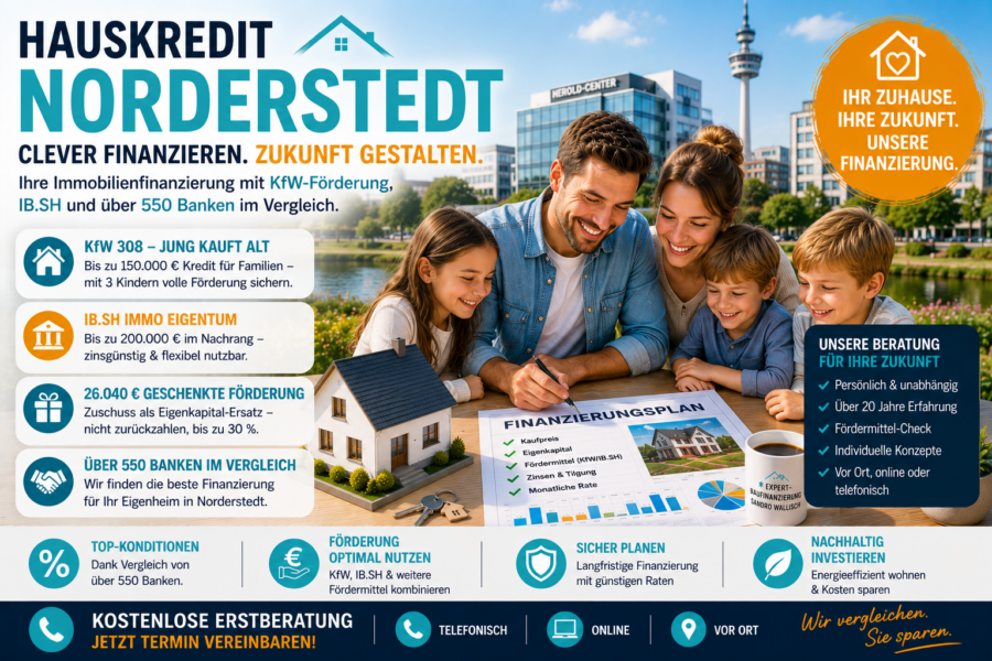 Hauskredit Norderstedt: Immobilienfinanzierung mit KfW 308 und IB.SH Immo Eigentum für Einfamilienhäuser am Hamburger Rand