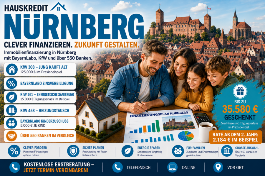 Hauskredit Nürnberg. Immobilienfinanzierung mit KfW 308 und BayernLabo-Darlehen für Häuser in der Frankenmetropole