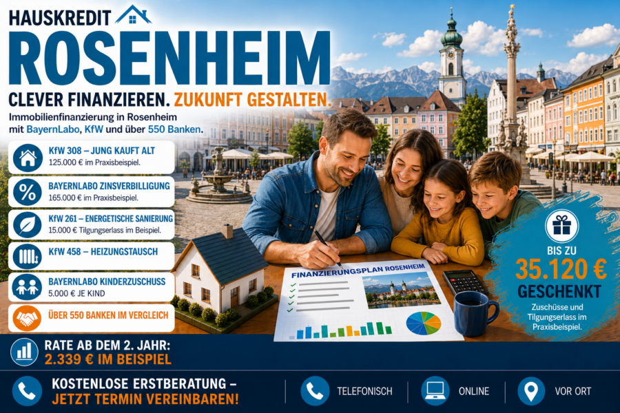 Hauskredit Rosenheim. Immobilienfinanzierung mit KfW 308 und BayernLabo-Darlehen für Häuser im Alpenvorland