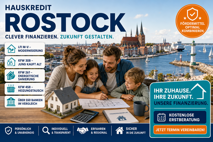 Hauskredit Rostock. Immobilienfinanzierung mit KfW 308, LFI-Modernisierungsdarlehen und 550 Banken im Vergleich