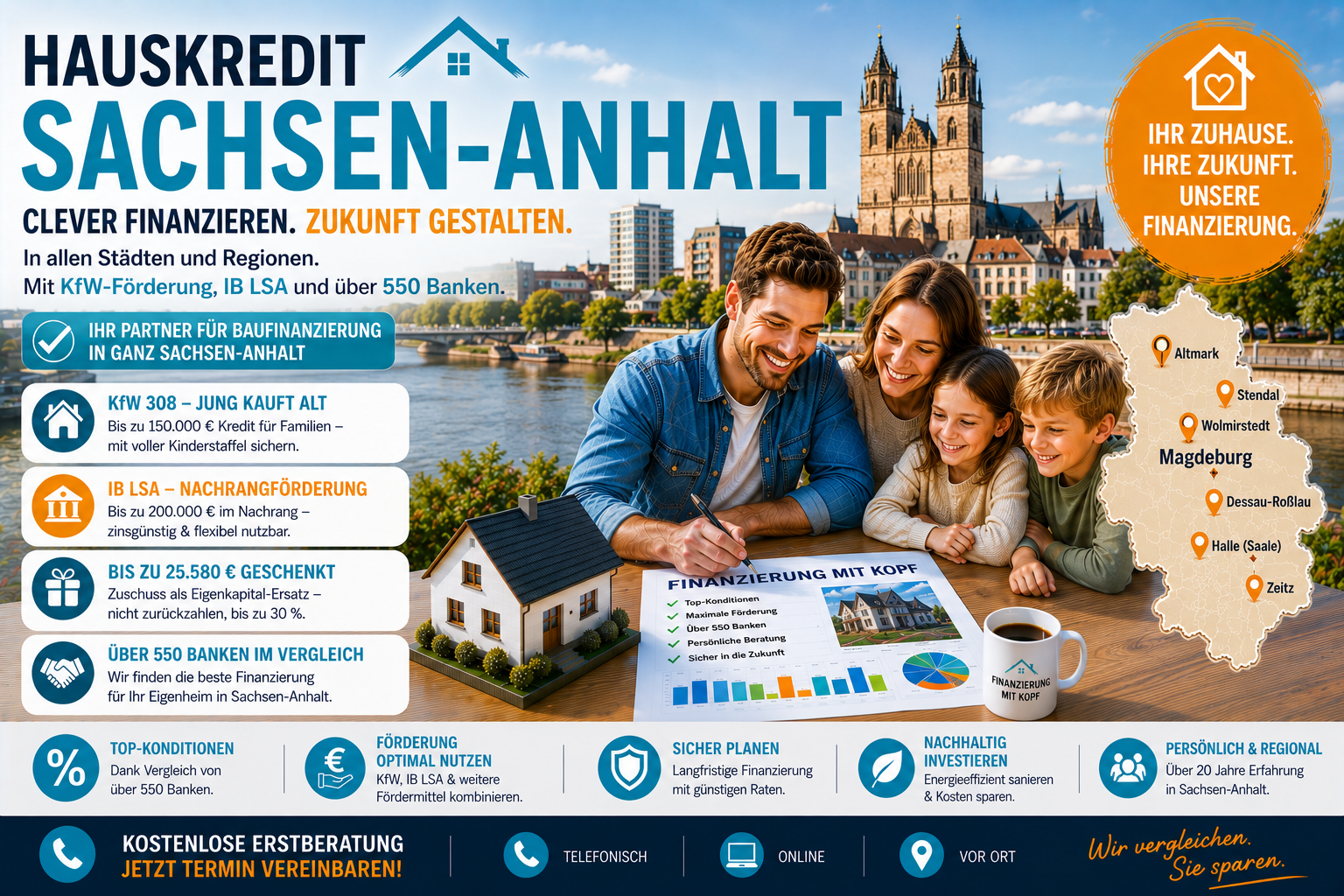 Immobilienfinanzierung Sachsen-Anhalt: Hauskredit und Immobilienkredit mit KfW-Förderung und IB-Landesdarlehen in 33 Städten