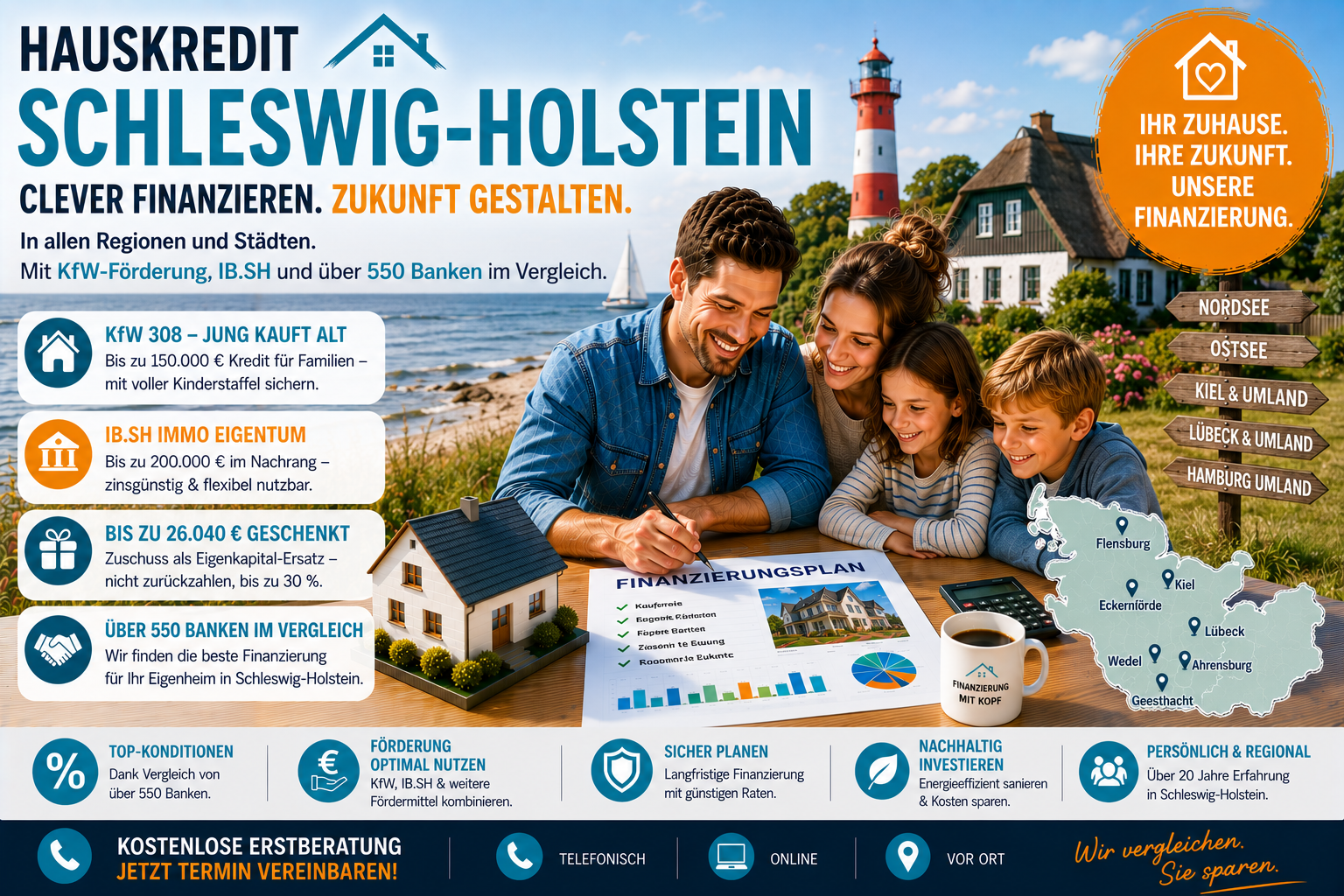 Immobilienfinanzierung Schleswig-Holstein: Hauskredit und Immobilienkredit mit KfW 308 und IB.SH Immo Eigentum in 15 Städten