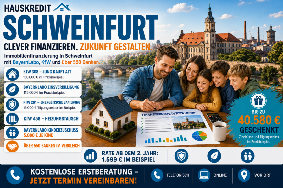 Hauskredit Schweinfurt. Immobilienfinanzierung mit KfW 308 und BayernLabo-Darlehen für Häuser in der Industriestadt am Main