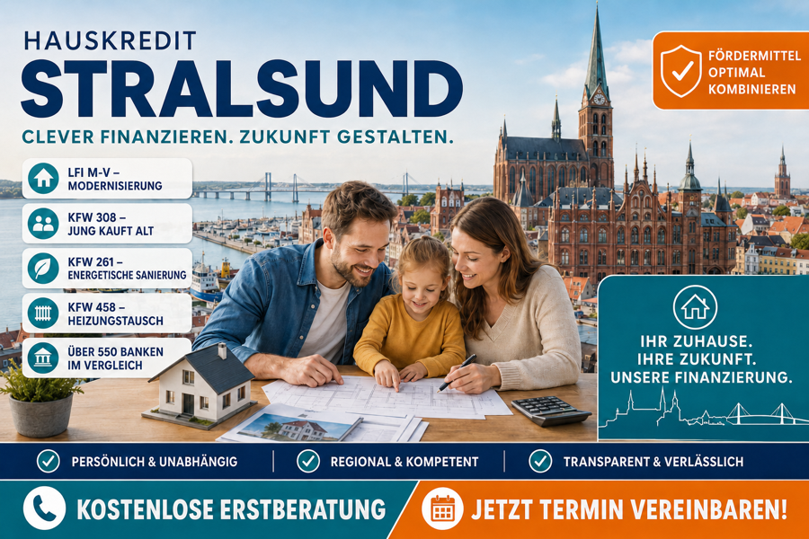 Hauskredit Stralsund. Immobilienfinanzierung mit KfW 308, LFI-Modernisierungsdarlehen und 550 Banken im Vergleich