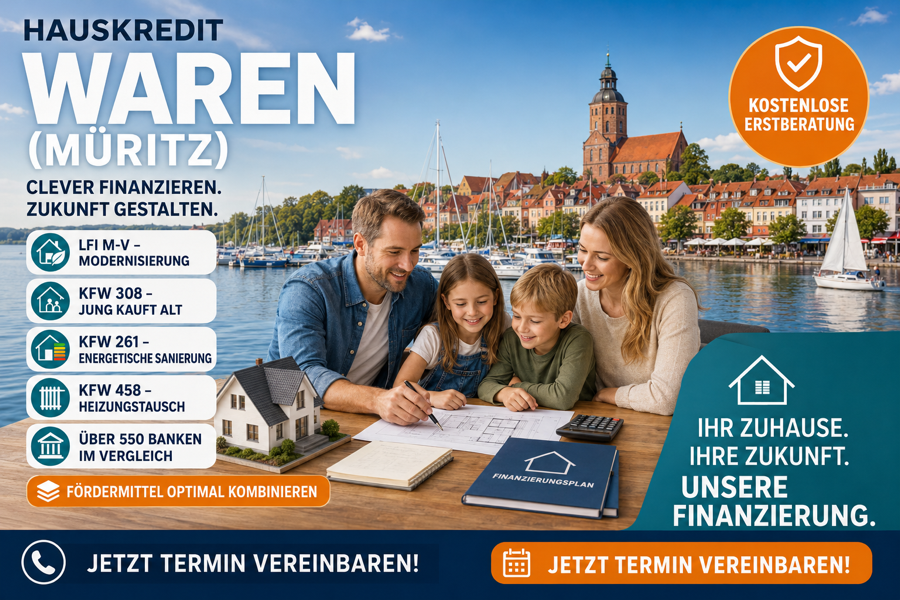 Hauskredit Waren (Müritz). Immobilienfinanzierung mit KfW 308, LFI-Modernisierungsdarlehen und 550 Banken im Vergleich