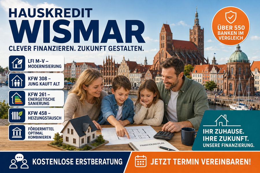 Hauskredit Wismar. Immobilienfinanzierung mit KfW 308, LFI-Modernisierungsdarlehen und über 550 Finanzierungspartner im Vergleich