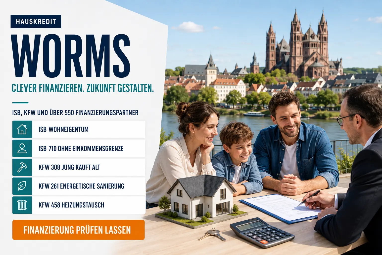Hauskredit Worms. Immobilienfinanzierung Worms und Immobilienkredit Worms mit dem ISB-Darlehen Wohneigentum, KfW 308 und über 550 Finanzierungspartnern