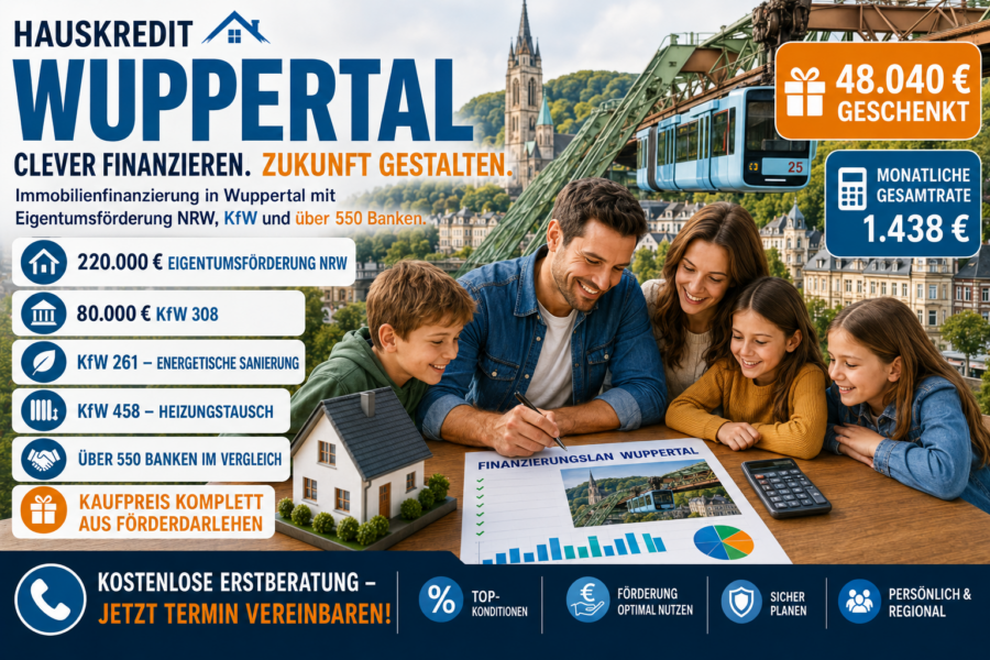 Hauskredit Wuppertal. Immobilienfinanzierung mit KfW 308 und Eigentumsförderung NRW für bergische Bestandshäuser