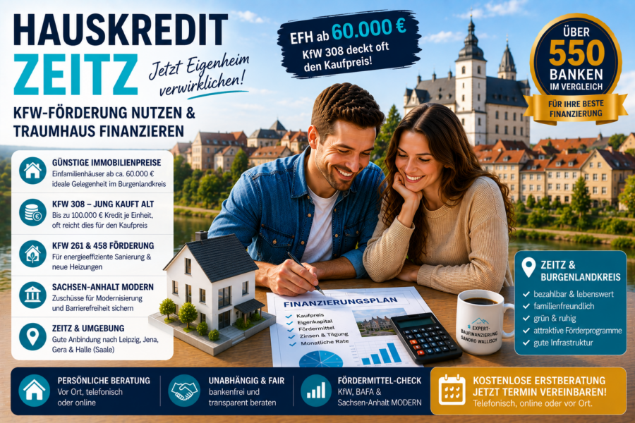 Hauskredit Zeitz: Immobilienfinanzierung mit KfW 308, Sachsen-Anhalt MODERN und BAFA im Burgenlandkreis