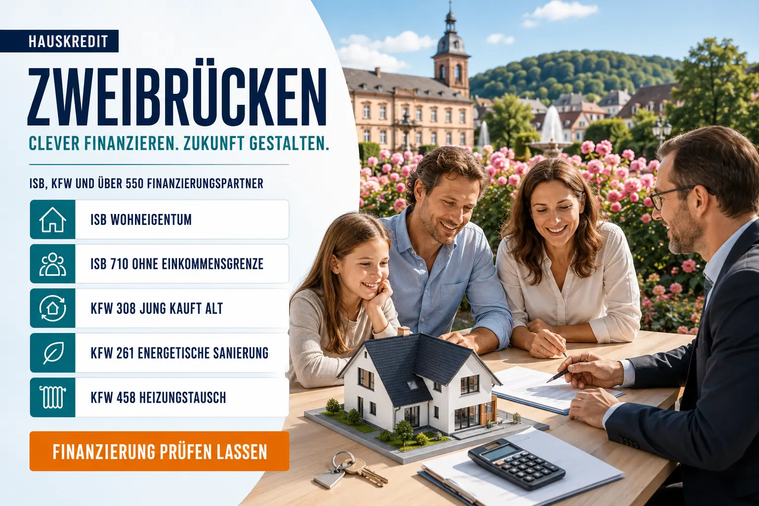Hauskredit Zweibrücken. Immobilienfinanzierung mit dem ISB-Darlehen Wohneigentum und KfW-Programmen für Häuser in der Rosenstadt