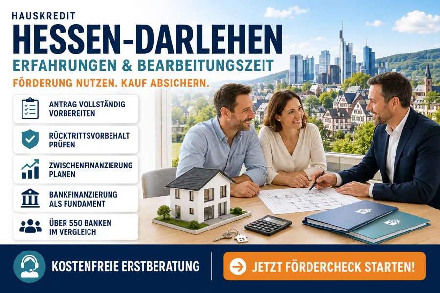 Paar plant mit einem Baufinanzierungsberater den Hauskauf in Hessen und prüft Antrag, Rücktrittsvorbehalt, Zwischenfinanzierung und Bankfinanzierung.